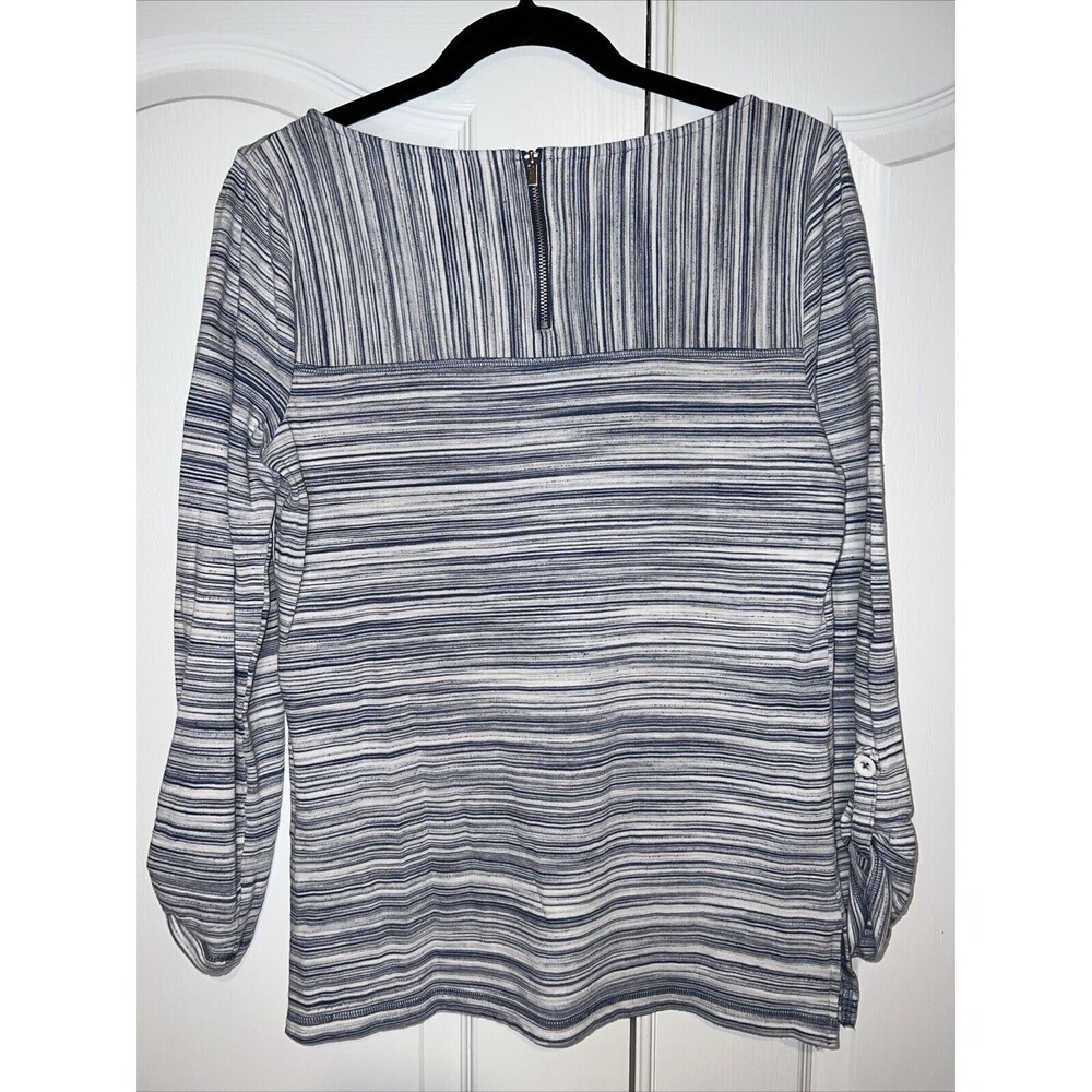 T by Talbots Women Top Med Gray Zip 3/4 Sleeve Striped Knit Pocket Stretch Light - Picture 5 of 12